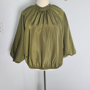 Worthington Olive Green Mock Turtleneck Top, Lantern Sleeves, Size Large